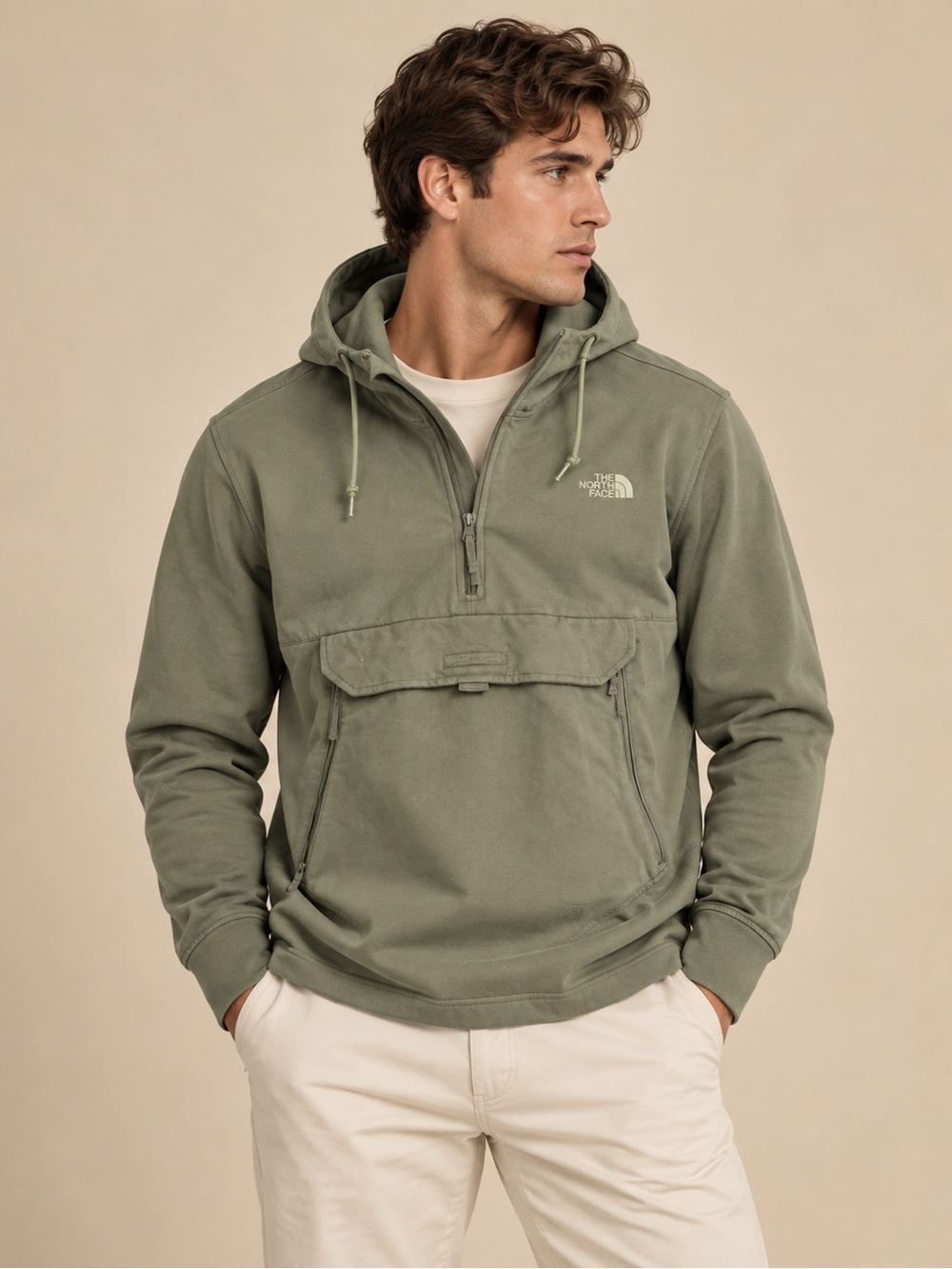 The North Face Olive Green Hooded Quarter Zip Pullover Size S